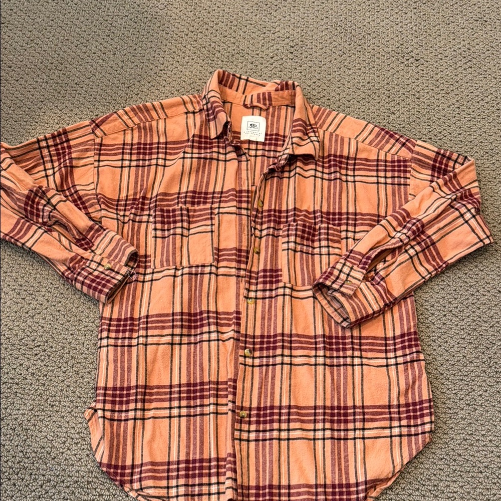 Rip Curl Plaid Button-Up Shirt - Peach and Burgundy